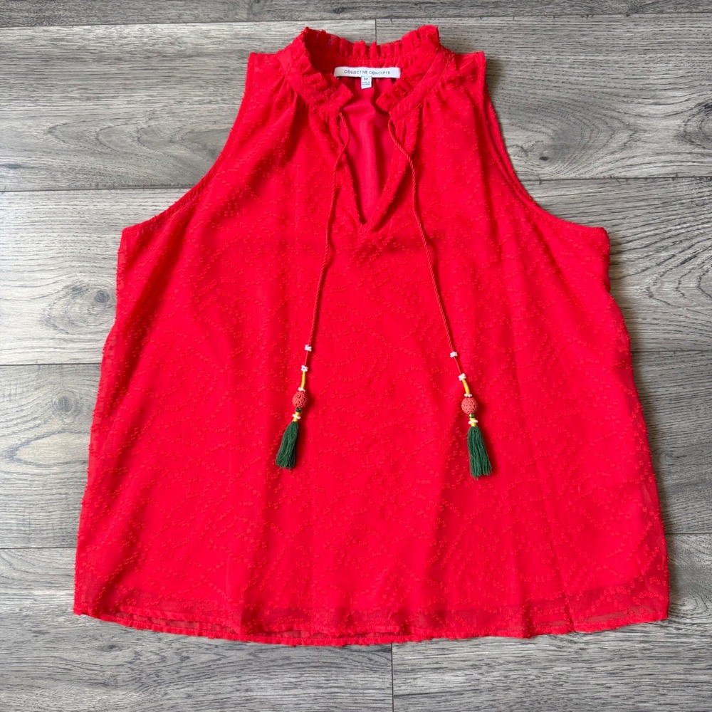 Collective Concepts Red Clip Dot‎ Sleeveless Ruffle Neck Tassel Blouse Medium
